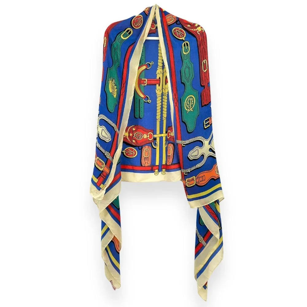 Vintage Multicolor Blue Cream Hermes Style Printed Oversized Silky Wrap Scarf - Picture 2 of 4